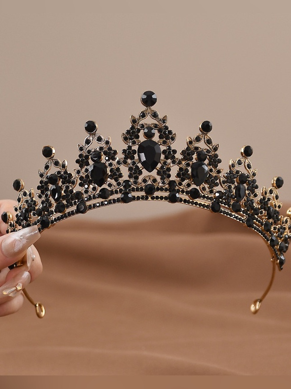 Black Crystal Gold Tiara Headband - Women Accessories